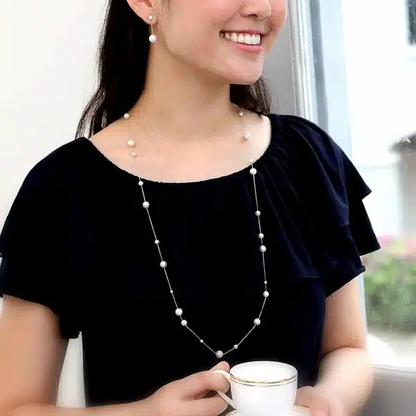White Akoya Pearl Platinum Station Necklace (N2) - Image 6