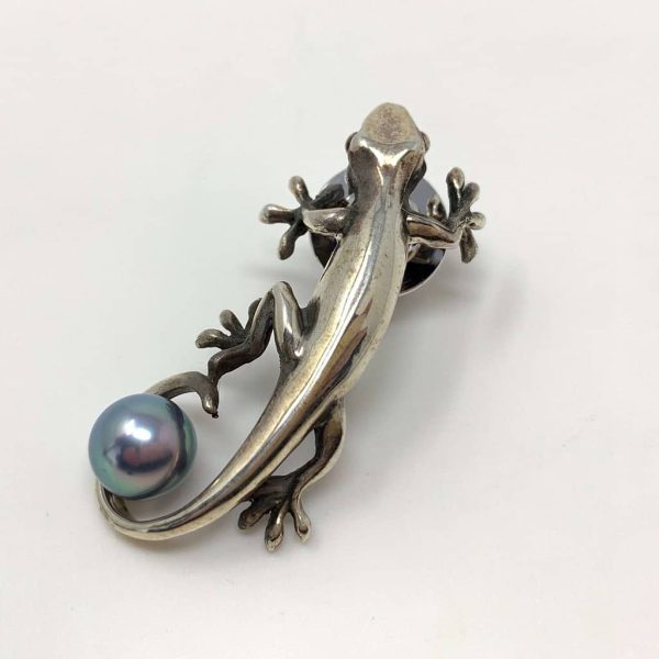Grey Akoya Pearl Silver 'Salamander' Brooch Pin (B6) - Image 5