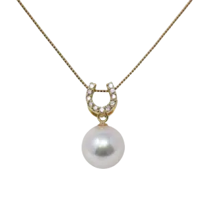 White Akoya Pearl Gold Diamond 'Horseshoe' Pendant (P17)
