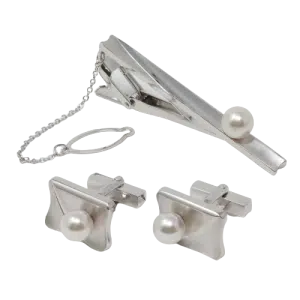 White Akoya Pearl Silver Tie Pin Cuffs (S3)