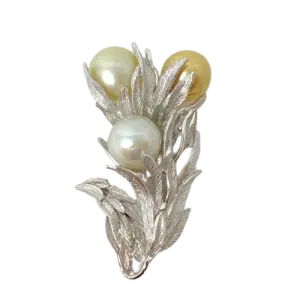 Gold White South Sea Pearl Silver 'Floral' Brooch Pin (B21)
