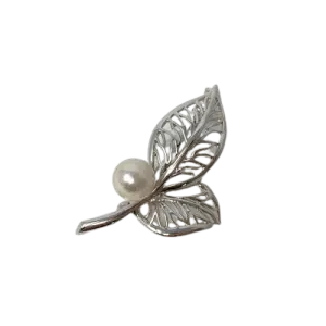 White Akoya Pearl Silver '2-Leaf' Brooch Pin (B22)