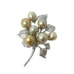 Gold White South Sea Pearl Silver 'Leaf' Brooch Pin (B23)