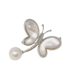 White Akoya Pearl Silver & Amber 'Butterfly' Pin (B13)