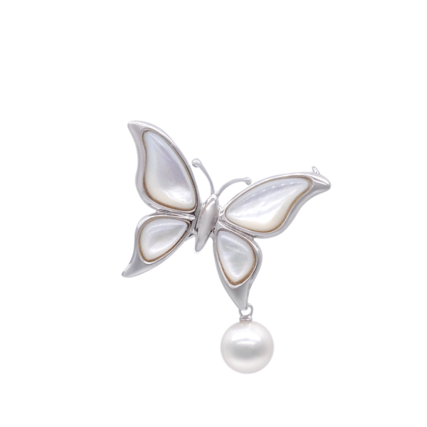 White Akoya Pearl Silver 'Butterfly' Brooch Pin (B14) - Image 2