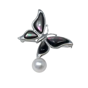 White Akoya Pearl Silver 'Butterfly' Brooch Pin (B14)
