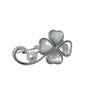White Akoya Pearl Silver '4-Leaf Clover' Brooch Pin (B15)