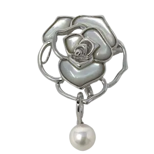 White Akoya Pearl Detachable Silver 'Rose' Brooch Pin (B17)