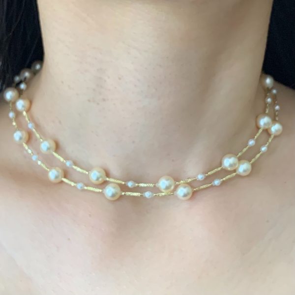 White Akoya Pearl Gold Station Necklace (N104) - Image 2