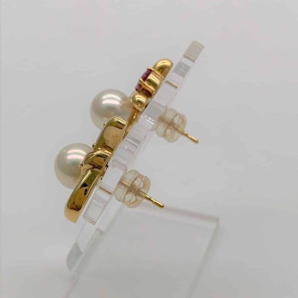 White Akoya Pearl Gold Ruby Diamond Earrings (E212) - Image 4