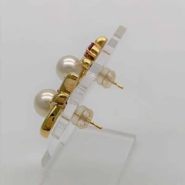 White Akoya Pearl Gold Ruby Diamond Earrings (E212) - Image 4
