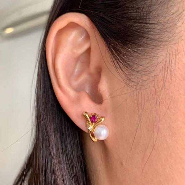White Akoya Pearl Gold Ruby Diamond Earrings (E212) - Image 3