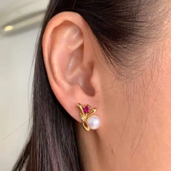 White Akoya Pearl Gold Ruby Diamond Earrings (E212) - Image 3