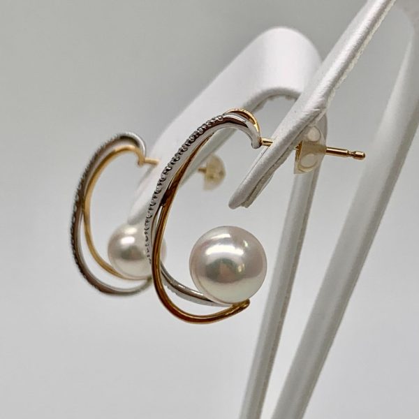 White Akoya Pearl Gold Platinum Diamond Earrings (E229) - Image 2