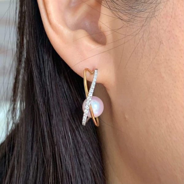 White Akoya Pearl Gold Platinum Diamond Earrings (E229) - Image 6