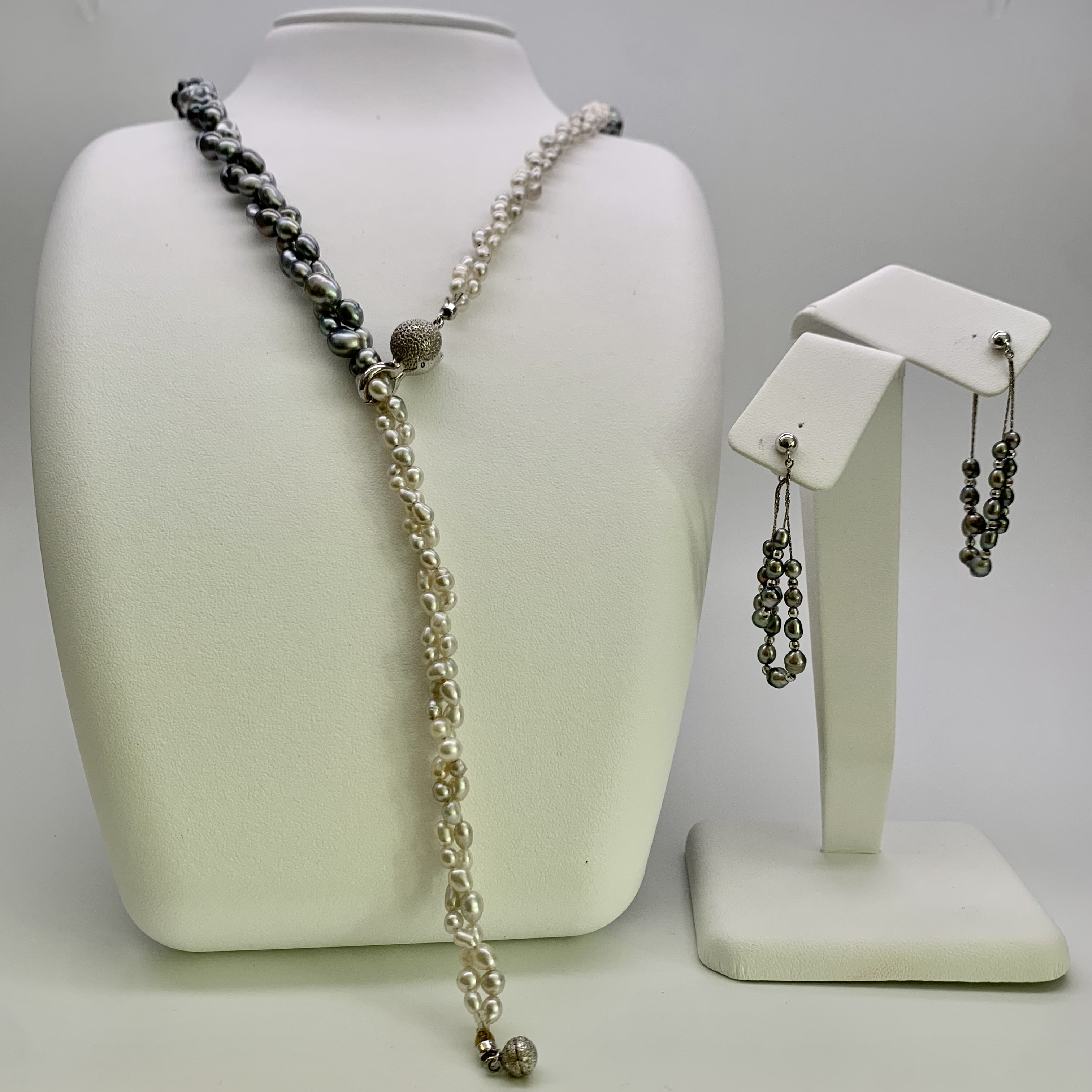 Black Grey White South Sea Keshi Pearl Necklace & Earring Set - Luxury Pearl Jewelry 