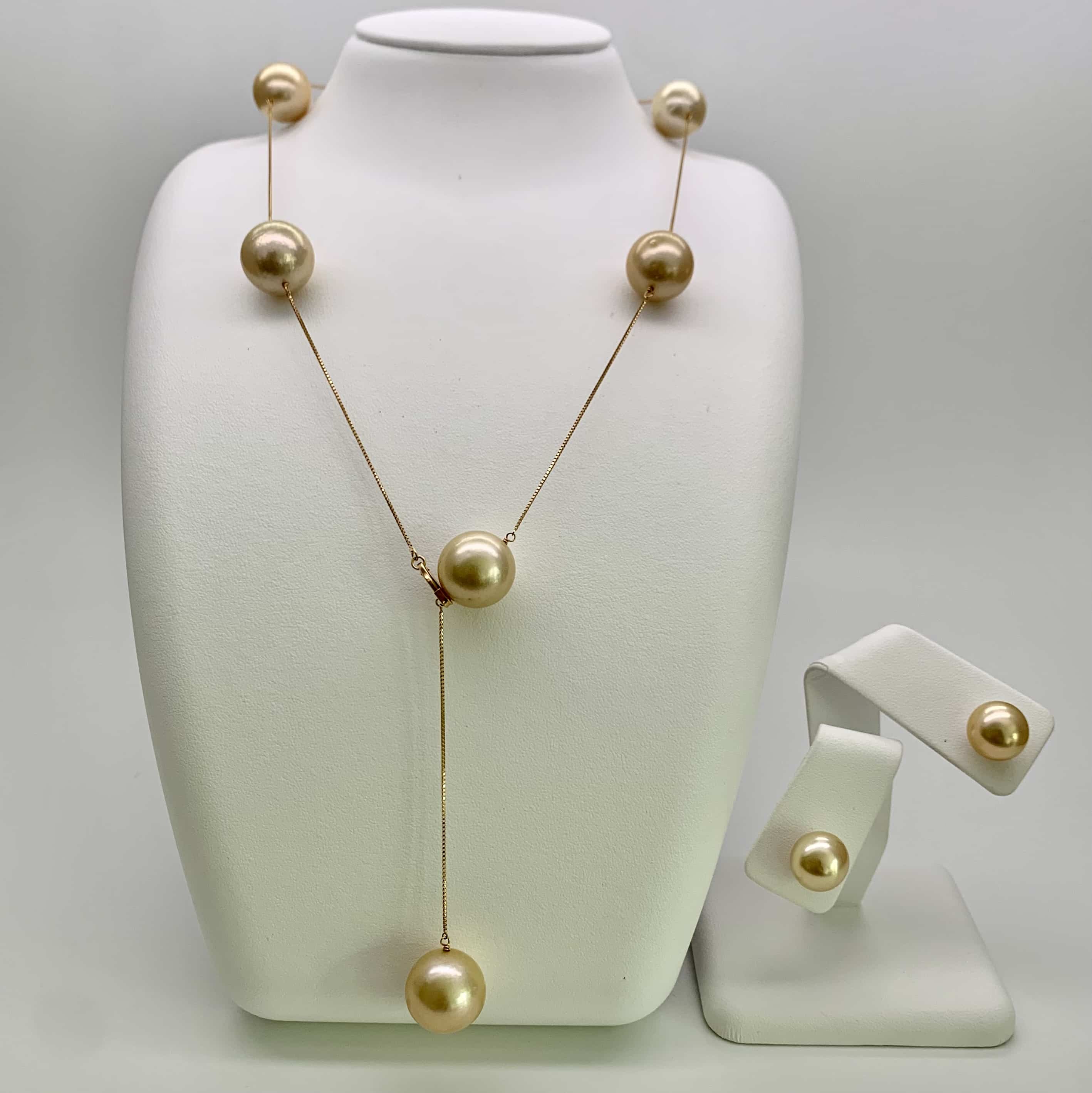 Gold South Sea Pearl Station Necklace & Earring Set - Luxury Pearl Jewelry 