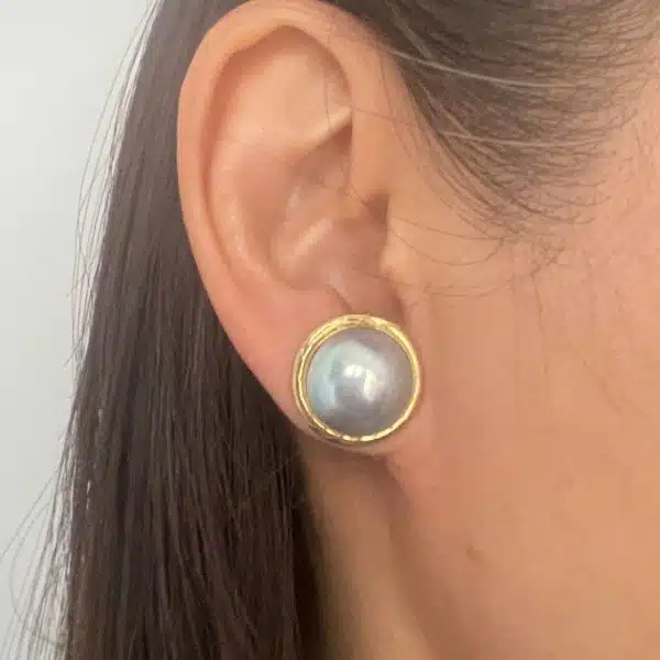 Grey Rainbow Mabe Pearl Yellow Gold Earrings (E249) - Image 2