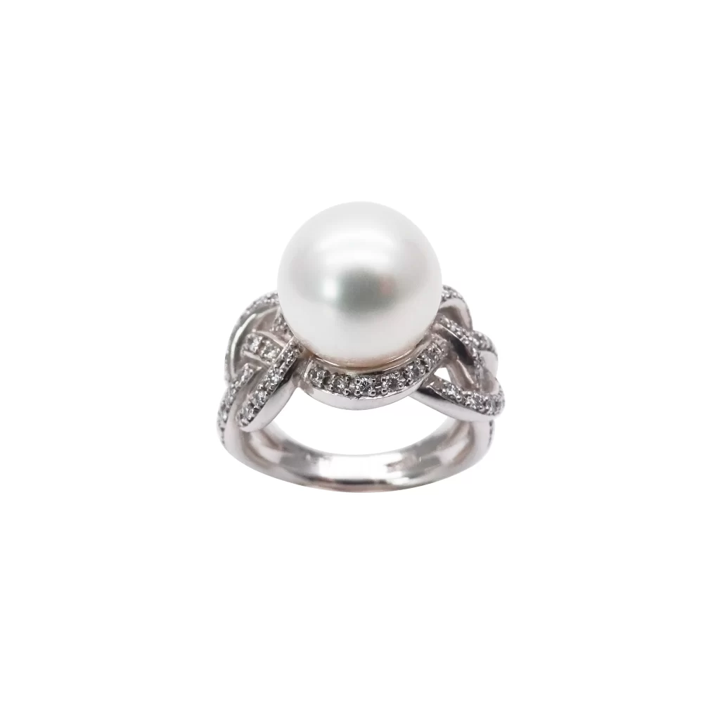 White South Sea Pearl Ring With Diamond Swirls - R73 | Pearl FALCO