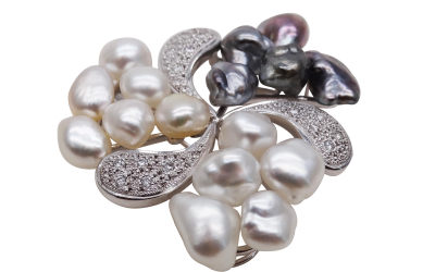 Keshi Pearl Flower Brooch with Diamond  (B66)